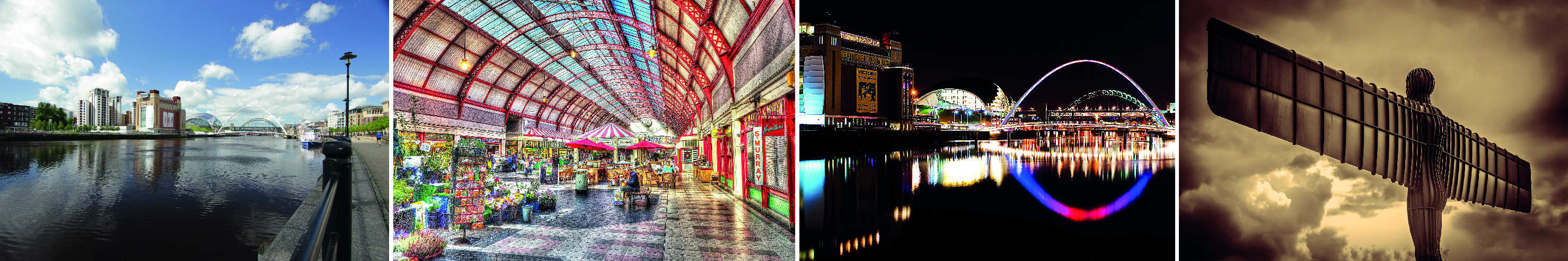 Images of the Tyne in summer, at night, Newcastle market and angel of the North